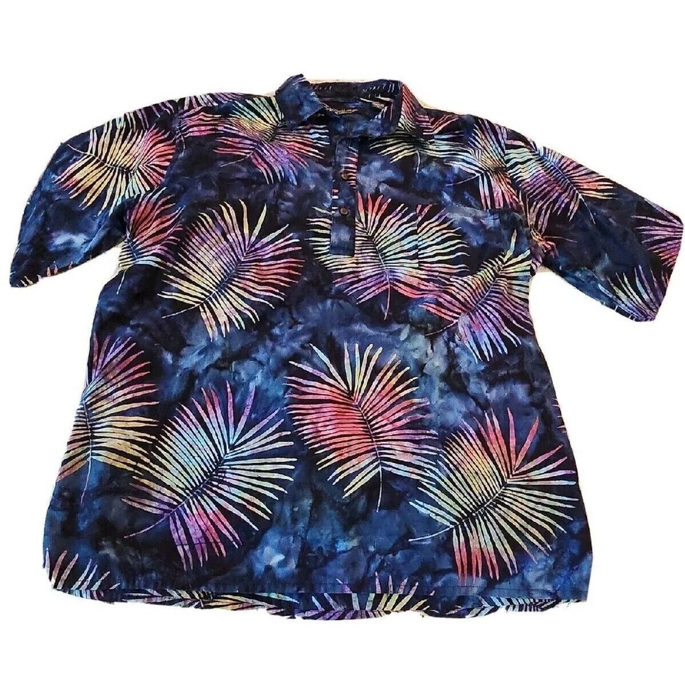 Pete Huntington Mens Medium Short Sleeve Button‎ Up Shirt Batik Hawaiian Leaves
